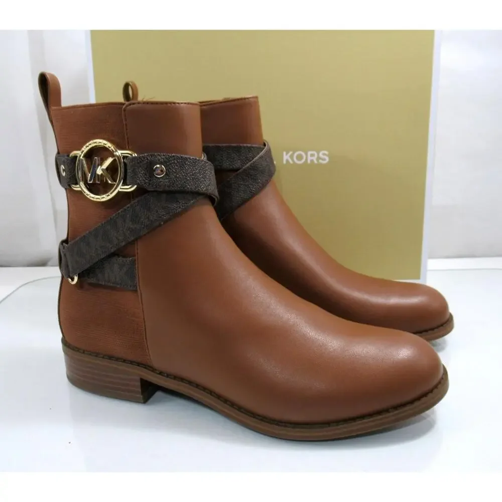 Michael Kors Rory Flat Bootie Ankle Boots MK Logo Hardware Luggage Size 8